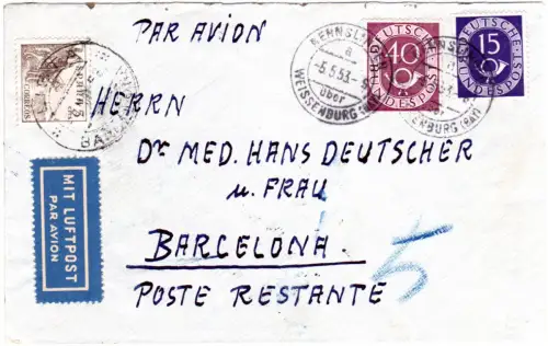 BRD 1953, 15+40 Pf. Posthorn auf Luftpost Brief n. Nennslingen m. Spanien Gebühr