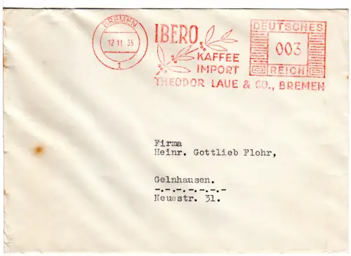 DR 1935, Brief m. Bremen 3 Pf. AFS Ibero Kaffee Import m. Abb. Kaffeepflanze