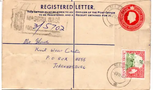 Basutoland 1966, 2 1/2 C. auf 5 C. Reko Ganzsachenumschlag v. Maseru