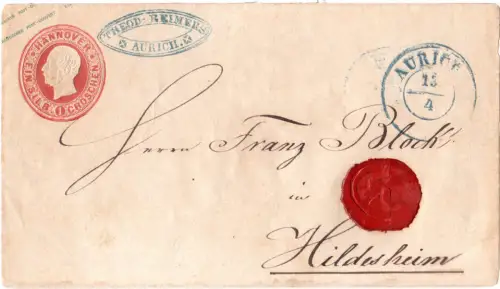 Hannover, K2 Aurich u. Firmen-Cachet auf 1 Gr. Ganzsachenumschlag m. Lacksiegel
