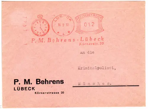 DR 1932, Brief m. 12 Pf AFS des Uhrmachers P.M. Behrens Lübeck m. Abb. einer Uhr