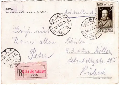 Vatikan 1937, 5 Lire auf Einschreiben Karte n. Lübeck