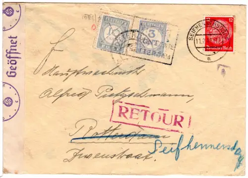 DR 1941, 12 Pf. auf Zensur-Retour Brief v. Seifhennersdorf m. 2 NL Portomarken