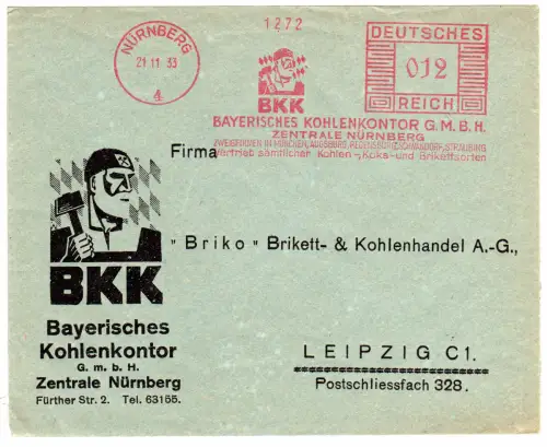 DR 1933, Brief m. AFS Bayer. Kohlenkontor Zentrale Nürnberg