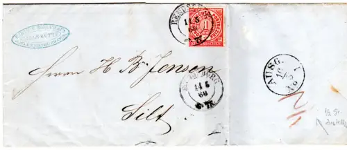 NDP 1868, 1 G. auf Brief m. nachverw. Preussen-K2 Rendsburg n. Sylt m. Botengeld