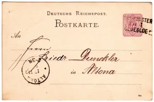 DR 1884, Bahnpost-R3 Neumünster Oldesloe auf 5 Pf. Ganzsache v. Segeberg