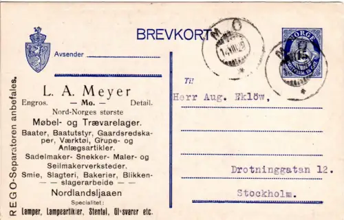 Norwegen P 82, 15 öre Ganzsache Karte m. Firmenzudruck 1925 v. Mo n. Schweden
