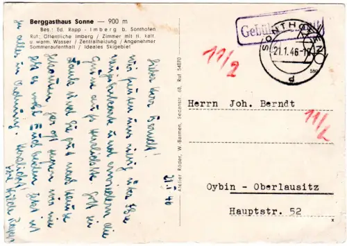 Imberg b. Sonthofen, Berggasthaus Sonne, 1946 m. Gebühr bezahlt gebr. sw-AK