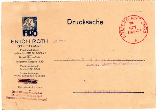 DR 1923, roter STUTTGART No1 Franco auf ERO Firmenkarte
