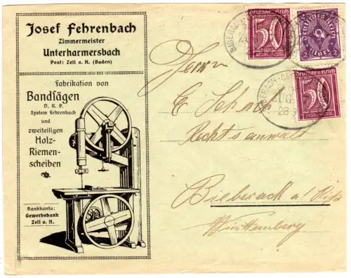 DR 1922, 3 Marken auf Bilderbrief Fa. J. Fehrenbach Unterharmersbach m. Bahnpost