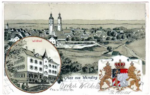 Gruss aus Wemding m. Wilsbad u. Wappen, 1905 gebr. Litho-AK