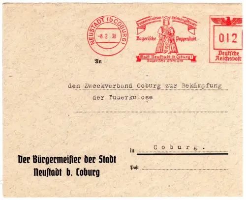 DR 1938, Bayer. Puppenstadt Neustadt b. Coburg, AFS auf Bürgermeister Brief