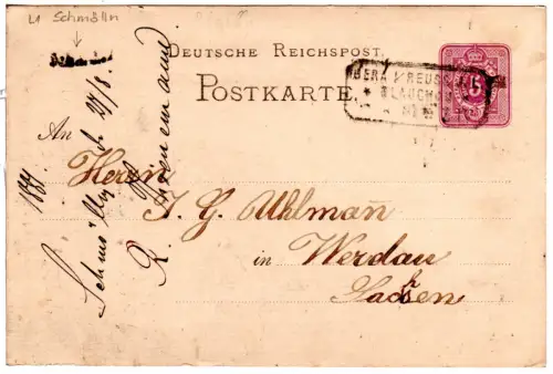 DR 1881, Stations-L1 Schmölln auf 5 Pf. Ganzsache m. Bahnpost-R3 Gera-Glauchau