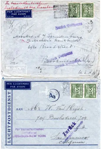 NL 1941, 2 WW II-Postsperre Belege v. Rotterdam bzw. s´Gravenhage n. USA