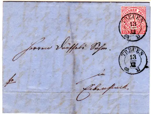NDP 1869, 1 G. auf Brief m. nachverwendetem Sachsen-K2 Treuen