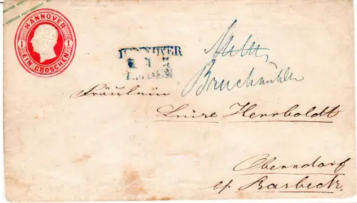 Hannover, Bahnpost-R3 Hannover Emden auf 1 Gr. Ganzsache m. hds. Bruchmühlen