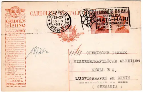 Italien 1924, 30 C. auf 30 C. Werbe Ganzsache m. Mata Hari Maschinenstpl. v. Rom