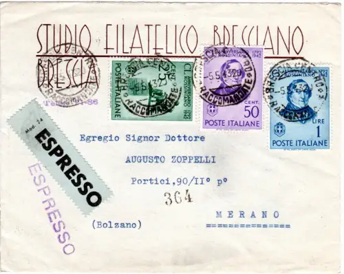 Italien 1943, 3 Werte Rossini auf Express Brief v. Brescia n. Meran