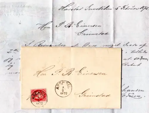 Norwegen 1872, 3 Sk. auf Brief v. Harstad Jernstöberi m. K1 Arendal n. Grimstad