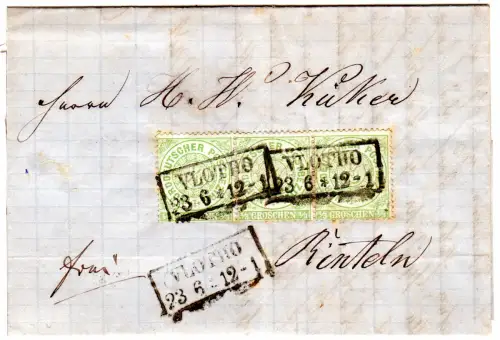 NDP 1871, 3er-Streifen 1/3 Gr. auf Brief m. R2 Vlotho n. Rinteln