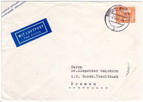 Berlin 1954, 25 Pf. Luftpost Privatganzsache Brief v. Berlin-Steglitz n. Bremen