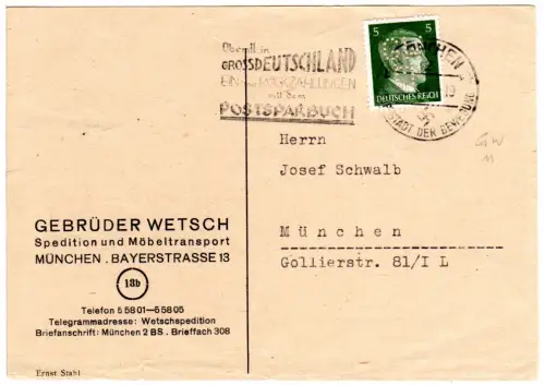 DR 1944, 5 Pf. Hitler m. perfin auf Firmenkarte v. München.