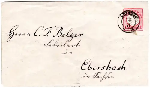 DR 1874, 1 Gr. Ganzsache Brief m. nachverwendetem Sachsen-K2 Leisnig