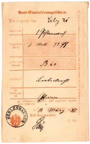 DR 1877, K1 Herleshausen (aptiertes Datum!) auf Postschein f. eine Postanweisung