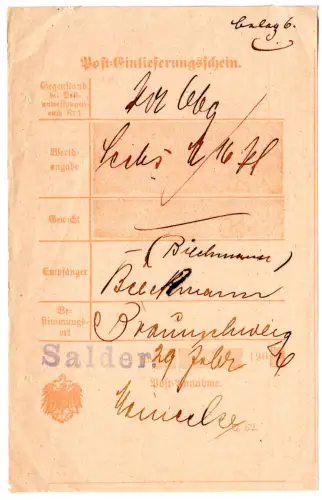 DR 1906, blauer L1 Salder auf Postschein f. eine Sendung n. Braunschweig