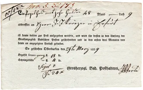 Baden 1829, gedruckter Postschein v. Osterburken