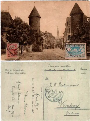 Estland 1921, 1M+1M/35P. ansichtsseitig auf sw-AK v. Tallinn n. Bombay Indien!