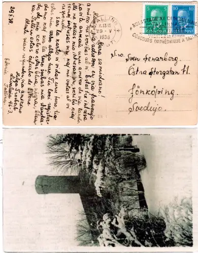 Estland 1938, Maschinen-Werbestpl. Tallinn 11.Old Song Festival auf AK m. 5+10 S