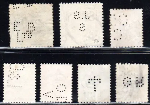 New South Wales Australien, 7 alte Marken m. perfins, Firmenlochungen