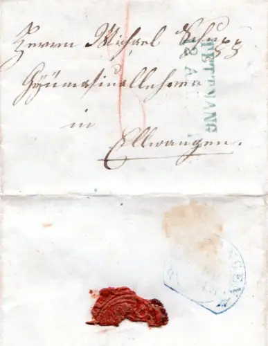 Württemberg 1848, blauer L2 Tettnang u. rs. Steigbügel Ellwangen auf Porto Brief