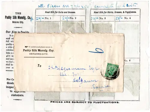 India 1920, 1/2 A. on letter from Benares with silk samples to Belgaum