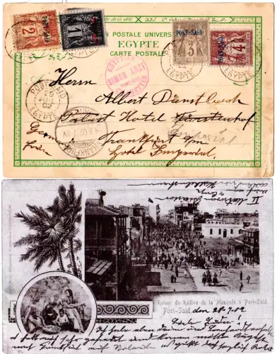 Ägypten, Port-Said franz. Post 1+2+3+4 C. auf portorichtiger AK m. Simon Arzt-K1
