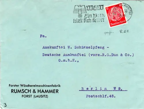 DR 1938, 12 Pf. m. perfin auf Wäschereimaschinenfabrik Brief v. Forst (Lausitz)