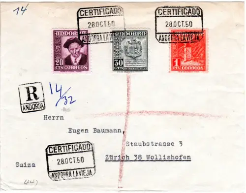 Span. Andorra 1950, 3 Marken auf Einschreiben Brief i.d. Schweiz