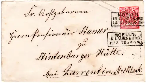 NDP 1870, 1 Gr. Ganzsachenumschlag m. Schleswig-Holstein-R3 Moelln in Lauenburg