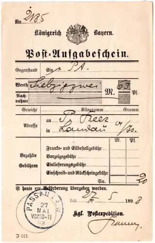 Bayern 1898, PASSAU 1 A.W. auf  Postschein f. eine Wertsendung