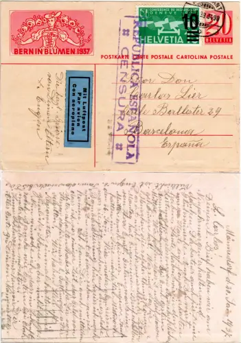 Schweiz 1938, Luftpostkarte n. Spanien m. Text bzgl. Bombardierung v. Barcelona