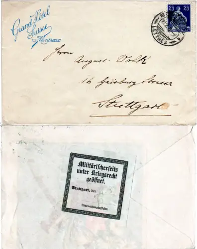 Schweiz 1917, 25 C. auf Hotel Brief v- Montreux m. Württemberg Zensur-Verschluss