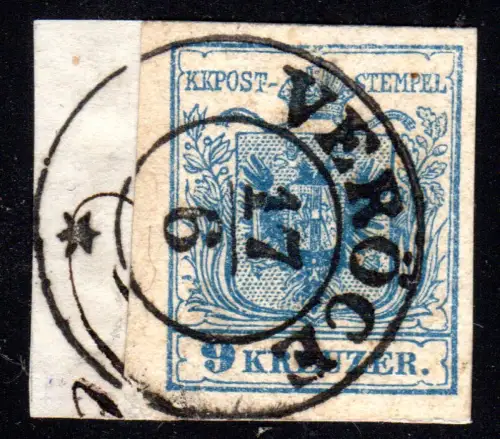 Österreich, breitrandige 9 Kr. auf Briefstück m. klarem Ungarn-K2 VERÖCE