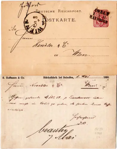 DR 1880, hds. Herford auf 5 Pf. Ganzsache m. Bahnpost-L3 Coeln-Hannover n. Wien