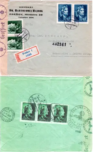Slowakei 1944, 7 Marken vorder- u. rückseitig auf Reko Zensur Brief v. Presov