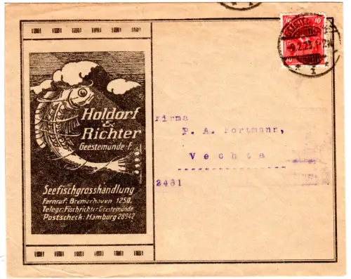 DR 1923, 10 M. auf Bilderbrief d. Fischhandlung Holdorf&Richter v. Geestemünde