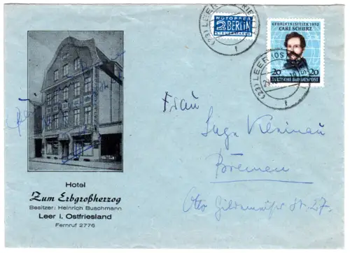 BRD 1952, 20Pf. auf Hotel Bilderbrief v. Leer i. Ostfriesland