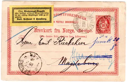 Norwegen 1886, 10 öre Ganzsache v. Christiania m. gelbem Post-Hinweis v. Hamburg