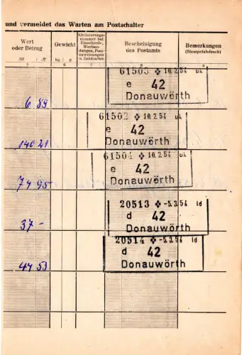 BRD 1953, Postanweisungs-R3 DONAUWÖRTH mehrfach auf Postformular