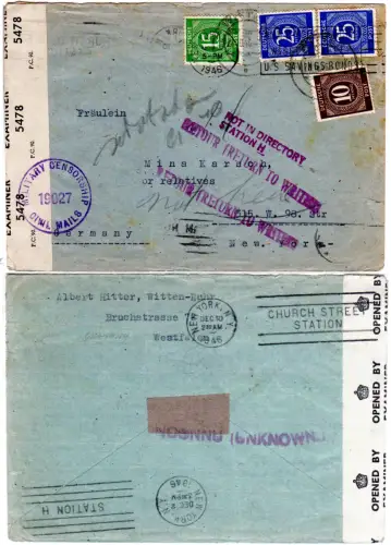 1946, 10+15+2x25 Pf. auf portorichtigem Zensur Retour-Brief v. Witten n. USA